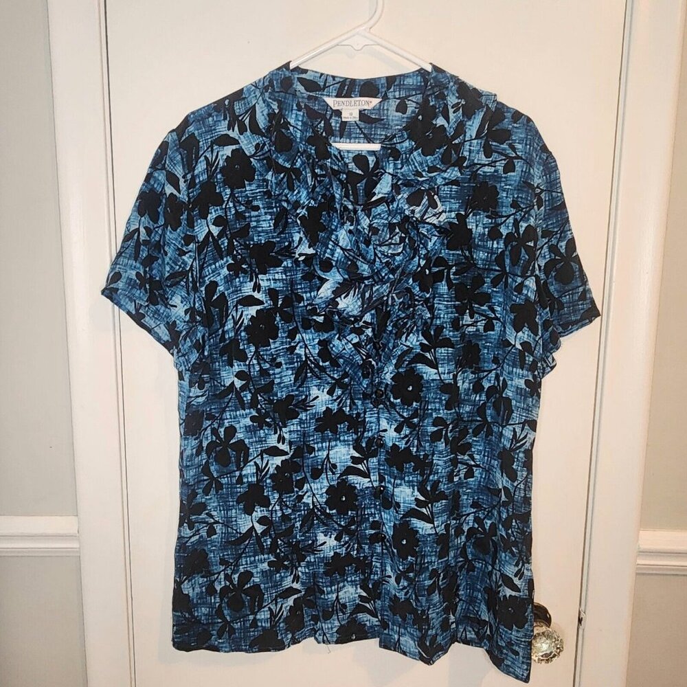 Pendleton Silk Blouse Sz 18 Blue Black Floral Print Button Down Short Sleeve Top